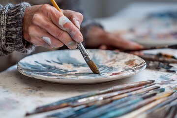 Close-up of artist's hands holding brush mixing paints on palette; several paintbrushes lie on table, creative process