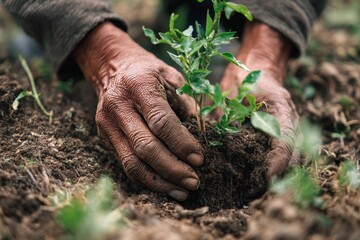Hands of an Elderly Person Carefully Planting a Green Sapling in the Earth Outdoors for New Life and Environmental Stewardship