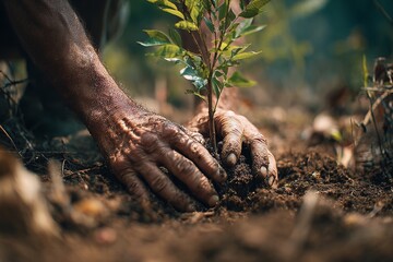 Hands Carefully Planting a Young Sapling in Soft Soil, Promoting Environmental Awareness and New Growth, Earth Day