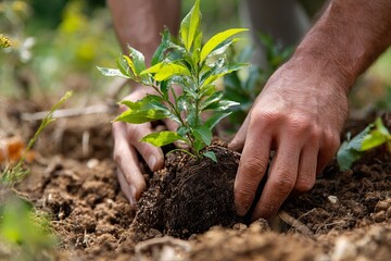 Hands planting small tree in soil for reforestation project, gardening, ecological conservation and environmental care