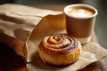 Freshly baked pastry and latte on wood table, bakery treat with coffee beverage in disposable cup and paper bag