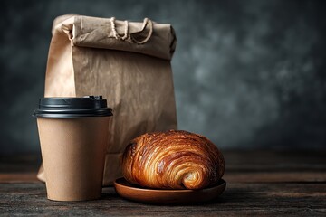 Freshly baked croissant on plate with coffee cup and paper bag for delivery on wooden surface against a blurred background.