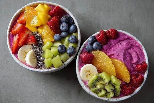 Two smoothie bowls with dragon fruit base, topped with fresh fruit like strawberry, orange, kiwi, mango, banana, blueberry