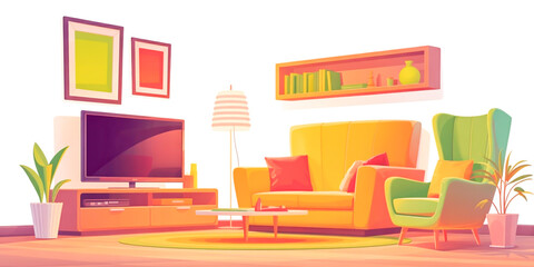 Retro-Modern 3D Living Room Interior with Bold Colors and Stylish Decor