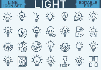 Fototapeta premium Lightbulb Icon Set Featuring Linear Light Bulb Symbols for Idea and Creativity Concepts in Editable Stroke Vector Illustration