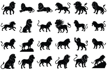 Collection of black silhouette lions in various poses and actions on a white background