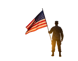 Soldier Silhouette Saluting with USA Flag in Background at Sunset, Transparent PNG