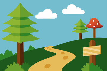 Obraz premium cartoon forest winding path mushrooms nature illustration