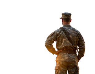 Respectful Tribute: Soldier with American Flag at Dusk, Transparent Background