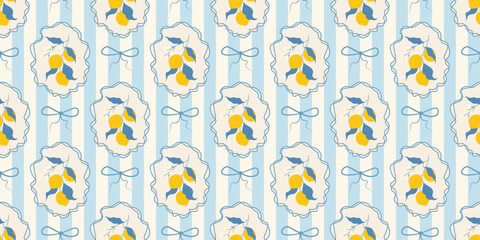 Vintage seamless pattern with lemons in whimsical frames, bows, stripe. Summer mediterranean coastal print. Italian vacation vibe. Vector hand drawn illustration for fabric, wrapping paper, textile.