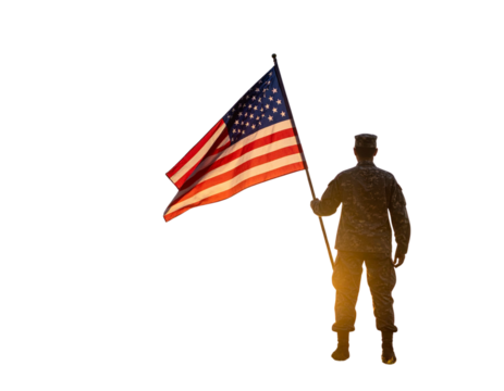 Soldier Silhouette Saluting with USA Flag in Background at Sunset, Transparent PNG