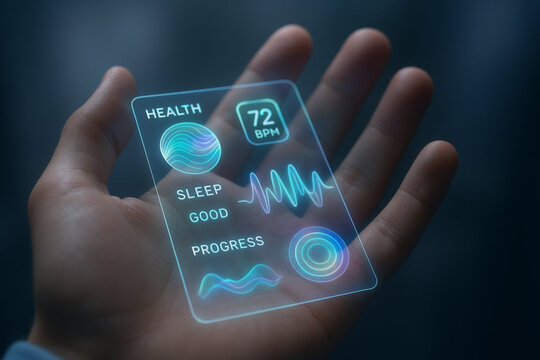 Futuristic Health Monitoring Interface Displayed as Hologram on Human Hand with Vital Signs