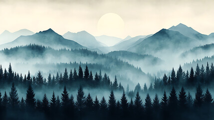 Obraz premium Serene mountain landscape with foggy forest and rising sun minimalist artistic style