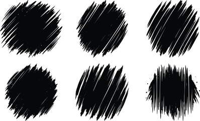 Vector art of six black circular brush strokes isolated on transparent background, ideal for design projects