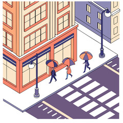 Isometric illustration of people walking with umbrellas on a city street with a crosswalk and buildings in the background on a rainy day