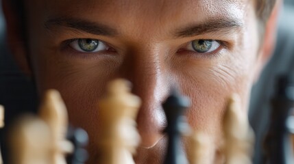 Focused young caucasian male intently studying chessboard for strategic moves.