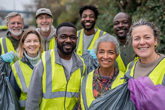Diverse group of volunteers in safety vests holding garbage bags and smiling for the camera, participating in community cleanup.