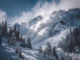 Obraz premium A powerful avalanche cascading down a snow-covered mountain, illustrating the raw force of nature in a winter landscape.