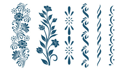 Decorative floral elements offer a classic style with beautiful blossoms and flowing lines for elegant designs and backgrounds.