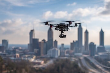 Drone with camera flying over an urban area, aerial view of skyscrapers, buildings and highway against cloudy sky