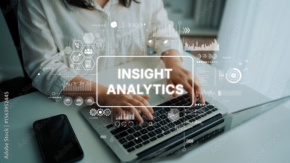 Poster business professional using laptop for data analysis and insight analytics in modern workspace setti