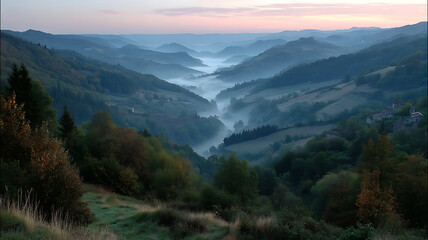 Serene mountain valley at dawn with mist and forest scenery in auvergne rhone alpes france landscape