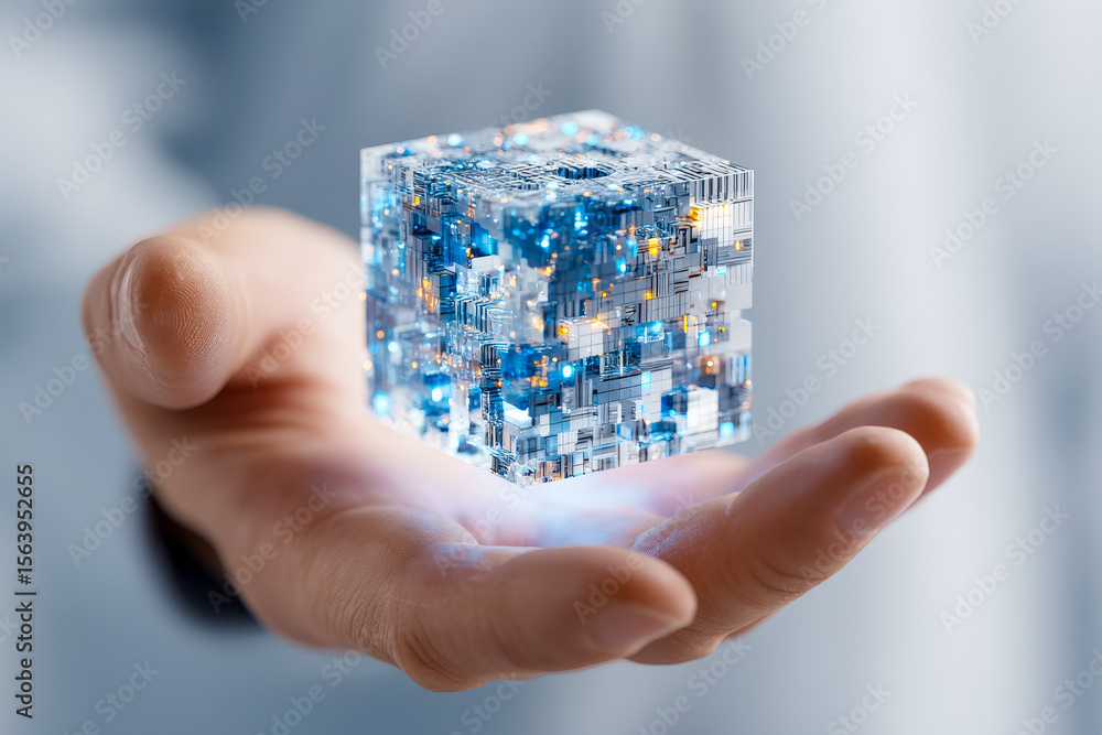 Poster futuristic digital cube held in a hand representing advanced technology and innovation