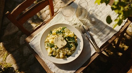 Pizzoccheri della Valtellina, buckwheat pasta, cubed potatoes, Valtellina Casera cheese, savoy cabbage, butter, sage, 45 degree, hearty alpine dish.