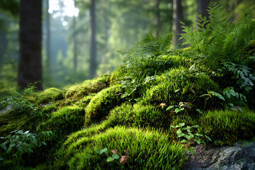 Fototapeta premium Lush green mossy forest floor with ferns and trees nature texture