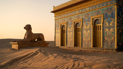 Ancient golden building in desert sands, sphinx statue nearby.
