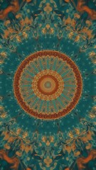 A symmetrical kaleidoscope pattern with teal and brown floral elements in the background