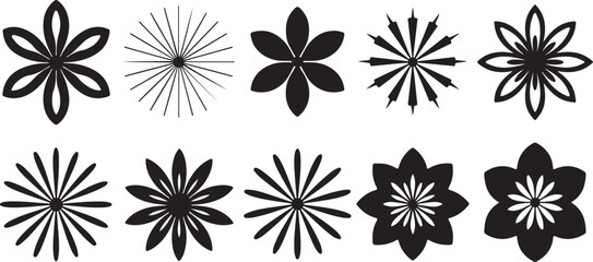 Black and White Floral Set of Twelve Traced Flower and Starburst Designs Simple Geometric Line Art Vector Graphics Elements for Textile Print