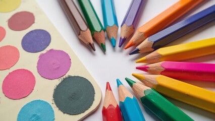 Naklejka premium A vibrant collection of paints, brushes, palettes, and colored pencils arranged in aesthetically pleasing compositions