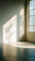 Fototapeta premium Sunlight casting geometric shadows inside a bright, empty room