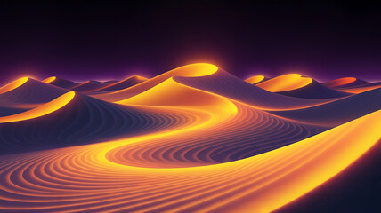 Glowing, orange dunes curve through a dark landscape.
