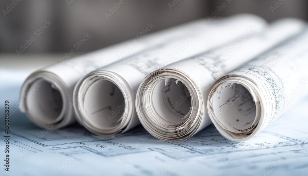 Poster rolled architectural blueprints on a workspace