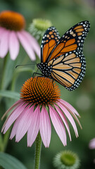 Fototapeta premium Monarch butterfly on a pink coneflower. 
