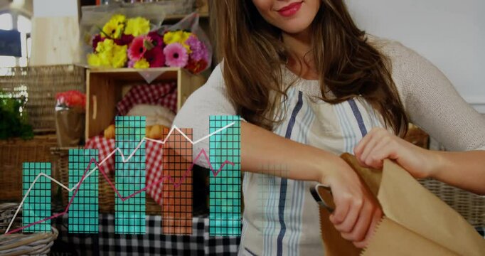 Picking up tongs, opening bag, vendor placing pastries for tracking bakery sales charts rising