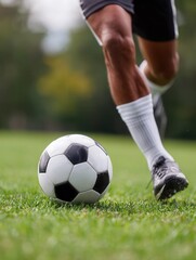 Fototapeta premium Male caucasian adult playing soccer on field during daytime.