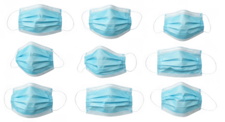 Collection of Blue Surgical Masks for Health and Safety Precautions, isolated on a transparent background