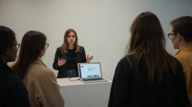 Startup founder explaining software UI during live demo at innovation fair


