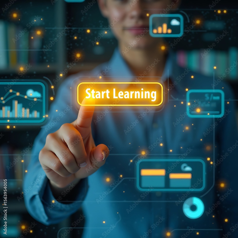 Fototapete a person points at a glowing “start learning” button on a semi-transparent futuristic interface fill