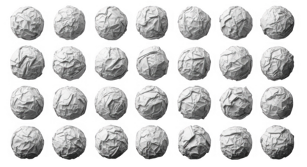 Crumpled White Paper Balls Arranged in a Creative Pattern To Enhance Artistic and Abstract Backgrounds, isolated on a transparent background