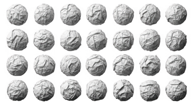 Crumpled White Paper Balls Arranged in a Creative Pattern To Enhance Artistic and Abstract Backgrounds, isolated on a transparent background