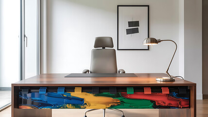 Modern office desk with colorful abstract print.
