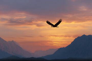 Majestic bald eagle soaring through a vibrant sunset sky above mountain peaks bird of prey flight