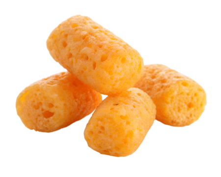 Four crunchy orange cheese puffs piled together on a transparent background