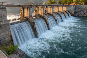 Majestic concrete dam with cascading water at sunset hydroelectric dam concrete structure