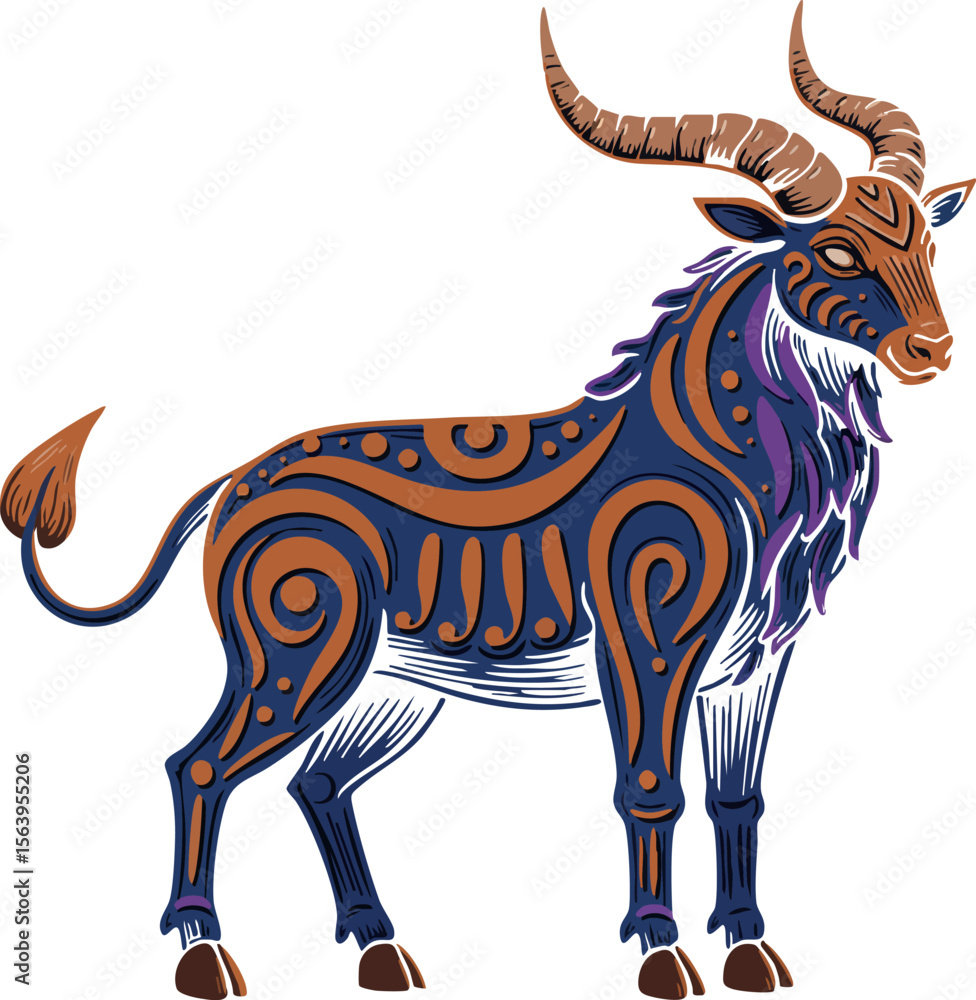 Poster stylized ibex with tribal patterns and decorative markings in vector art design for creative project