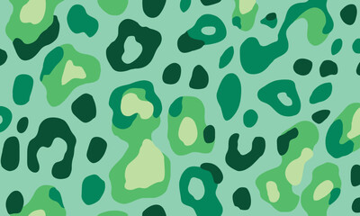 Green leopard print pattern, green and mint colors, seamless, flat illustration, simple shapes, simple lines, vector art style.